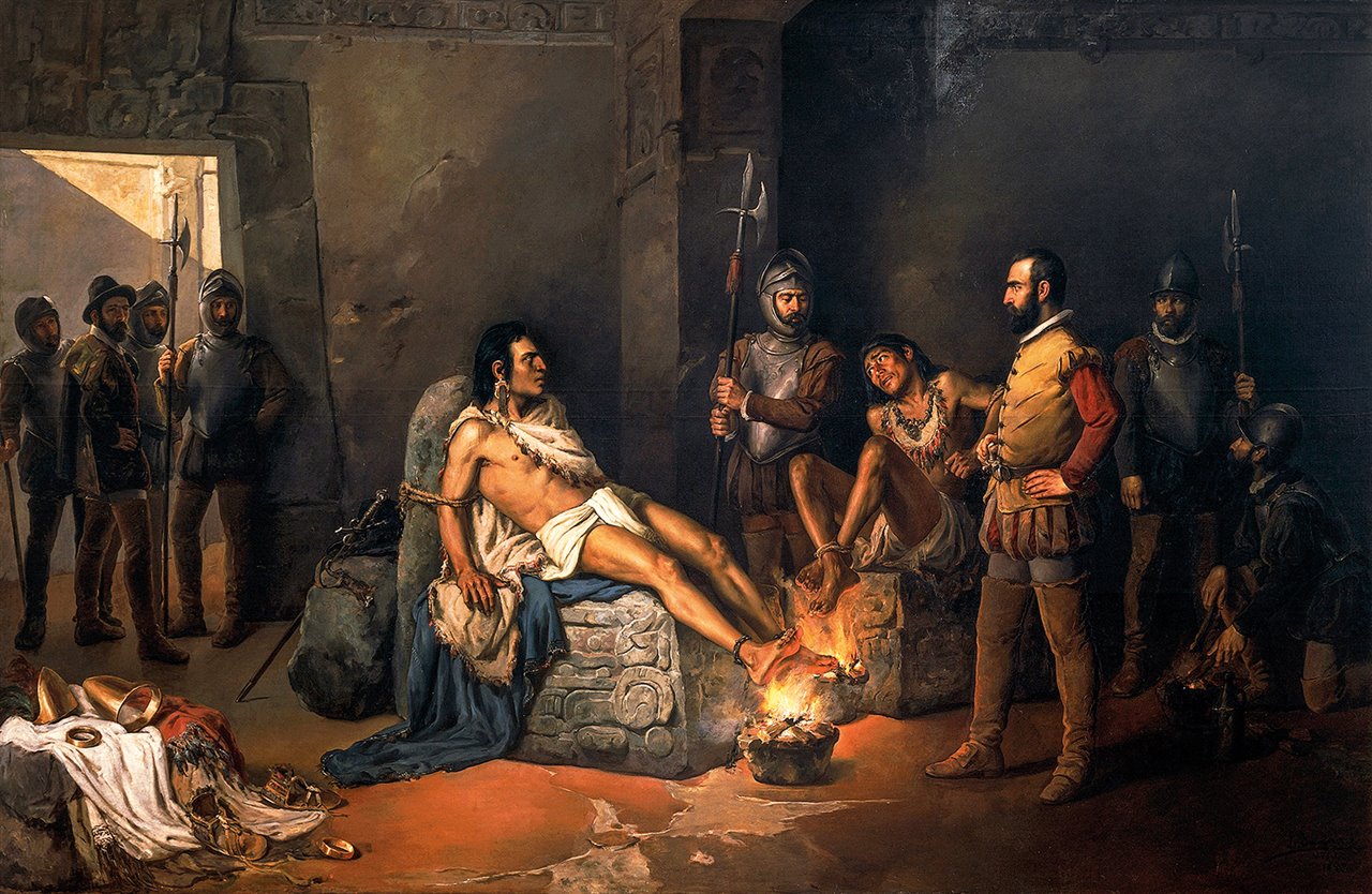 Cuauhtémoc y su primo, el gobernante de Tacuba, son torturados por Hernán Cortés. Óleo por Leandro Izaguirre. 1893. Museo Nacional de Arte, México D.F. DEA / SCALA, FIRENZE