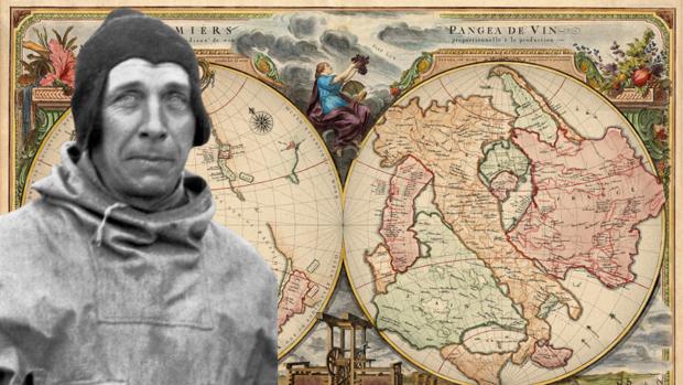 Alfred Wegener, sobre un mapa de Pangea