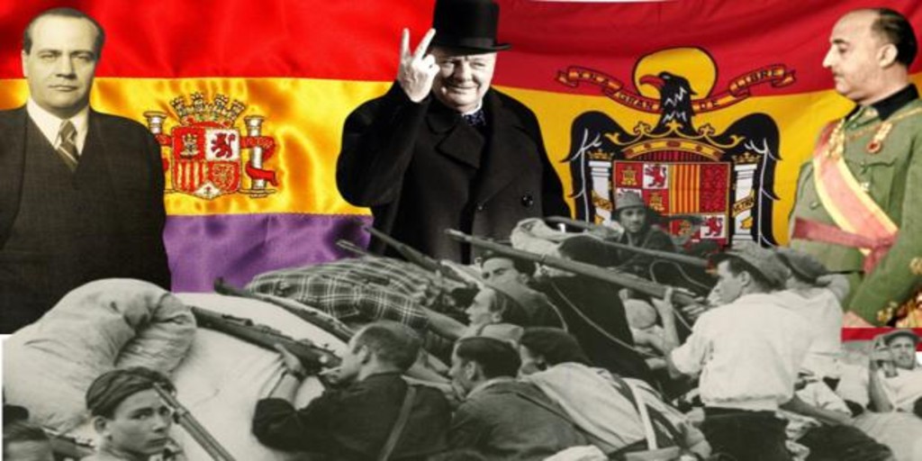 Imagen de la Guerra Civil, en una montaje sobre las banderas republicana y franquista, con Negris (izquierda), Churchill (centro) y Franco - ABC / Vídeo: Así fueron las negociaciones que podrían haber terminado con la Guerra Civil