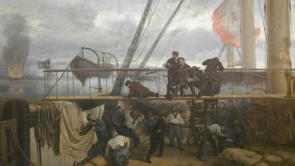 Pintura de Antonio Muñoz Degrain que refleja el momento en que Méndez Núñez cae herido. Wikimedia Commons