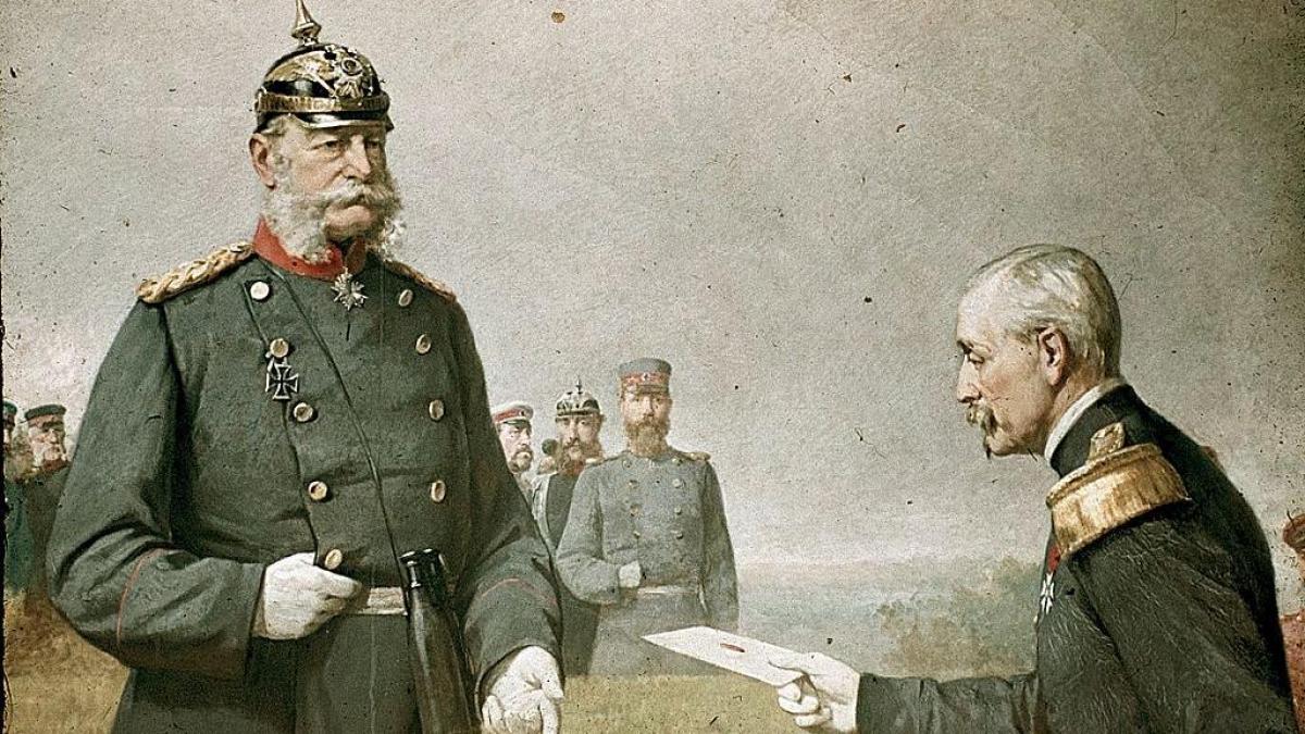 El general Reille entrega a Guillermo I la carta de rendición de Napoleón III.