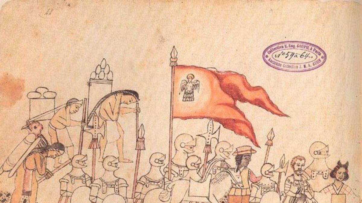 Ilustración del Codex Azcatitlan en el que aparecen los españoles junto a sus aliados nativos. Hernán Cortés conquista México Códice