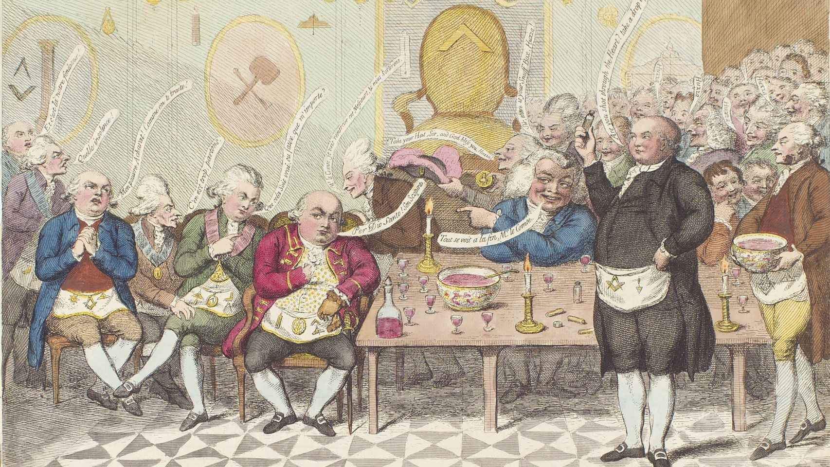 Un charlatán masón. Caricatura de James Gillray de 1786 sobre un encuentro en una logia en la que aparece el impostor conde de Cagliostro.