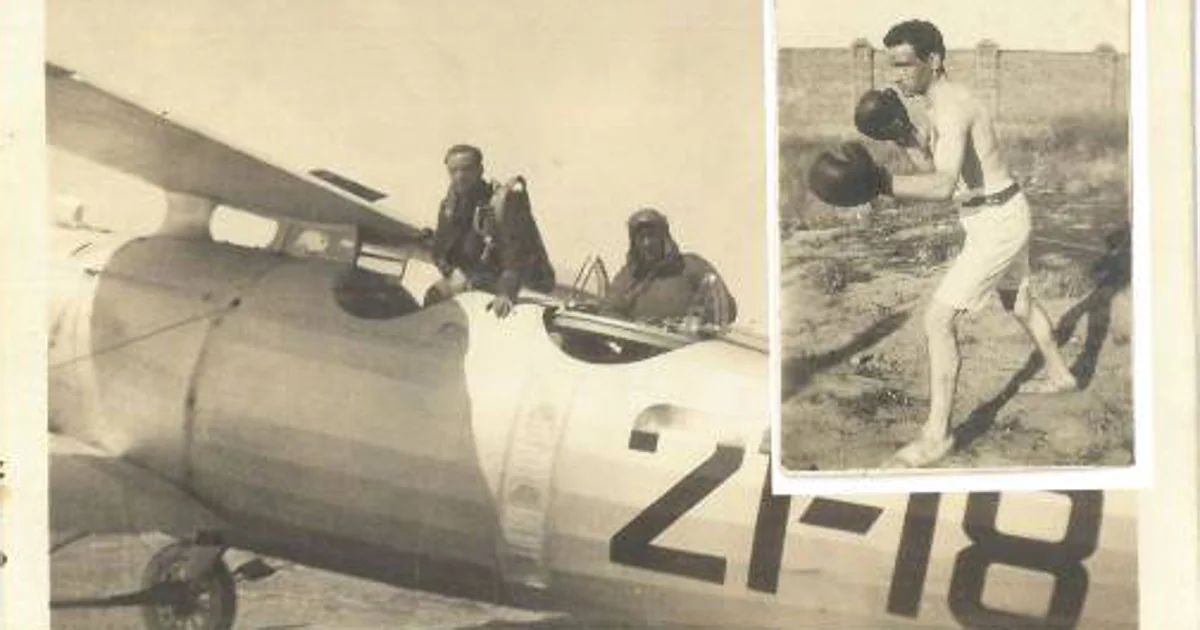 Urtubi, en uno de los aviones que pilotó, junto a una imagen del aviador practicando su deporte favorito ARCHIVO DE LA FAMILIA URTUBI