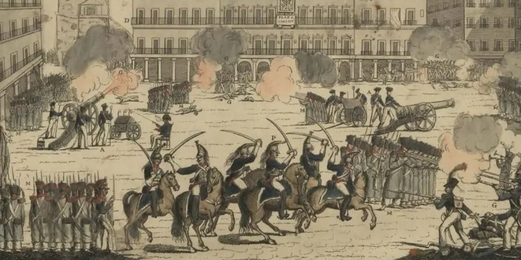 Grabado sobre los combates en la Plaza Mayor de Madrid durante el 7 de julio de 1822