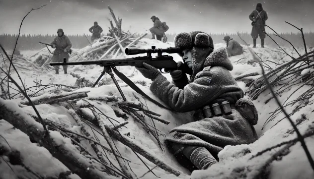 fotografía en blanco y negro de una francotiradora soviética agazapada en una trinchera nevada, apuntando con precisión a través de la mira de su fusil. Viste un abrigo militar grueso y una gorra con orejeras, con el rostro parcialmente cubierto por una bufanda. Alrededor, hay árboles destruidos con ramas rotas y nieve acumulada, mientras en el fondo se ven varios soldados en posiciones defensivas, algunos agachados y otros vigilando el horizonte. El ambiente es frío y sombrío, con un cielo nublado que refuerza la sensación de invierno en medio de un conflicto bélico.