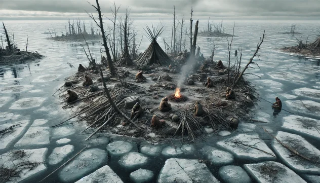 isla desolada rodeada por un río helado con grandes fragmentos de hielo flotando en la superficie. La vegetación es escasa, con árboles secos y ramas quebradas. En el suelo, se observan rastros de fogatas apagadas, círculos de piedras ennegrecidas por el fuego y restos de madera quemada. Hay tiendas improvisadas construidas con ramas y hojas secas, mostrando un estado frágil y desgastado. Varias figuras humanas, con ropa rota y sucia, están dispersas por la escena; algunas se abrazan para calentarse, otras se sientan con la cabeza entre las manos, mientras algunas miran hacia el horizonte con expresiones de desesperación. El cielo es gris y cubierto de nubes densas, creando una atmósfera fría y desoladora.