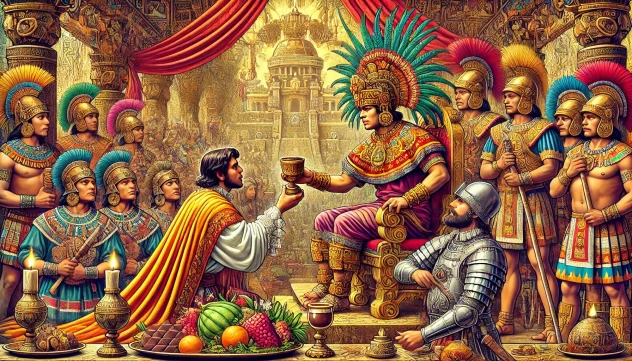 ilustración que muestra a Moctezuma ofreciendo una taza de chocolate a Hernán Cortés en un banquete azteca.