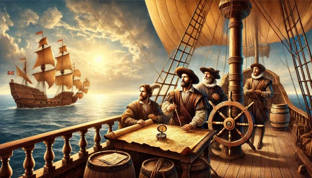 ilustración de los tres exploradores españoles navegando hacia el horizonte en un barco del siglo XVI, con mapas antiguos y compases a su lado.