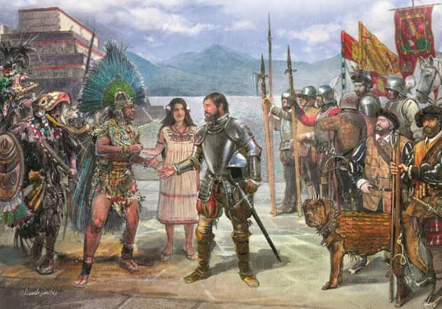 Recreación del encuentro de Moctezuma y Cortés (detalle), por Ricardo Sánchez RICARDO SÁNCHEZ